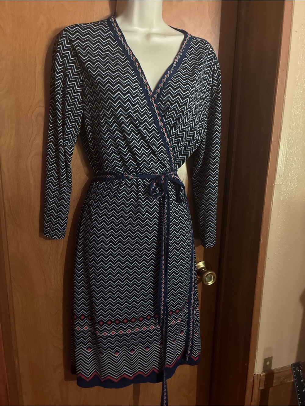 Max Studio Navy and Pink Chevron Wrap Dress